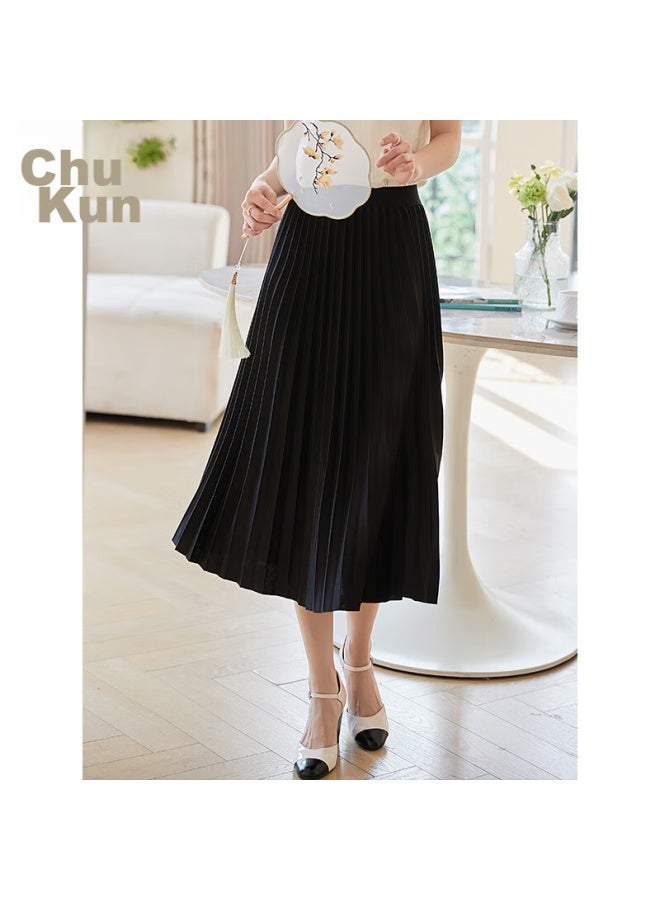 First Application Chushen Chunqiu High-waisted A-line Midi Skirt For Women, Fashionable Versatile Pleated Skirt S13kb2098 Black - Image 1