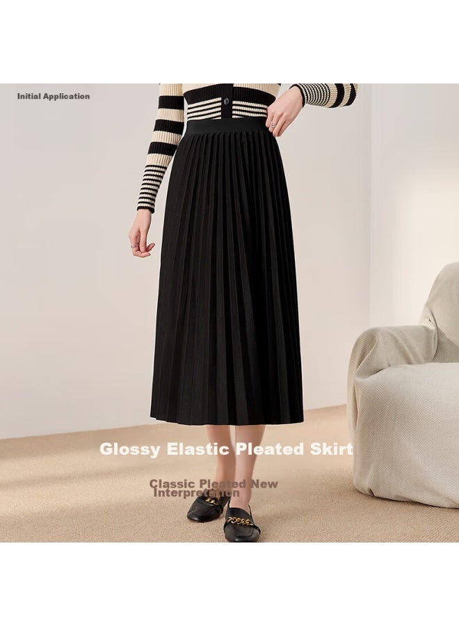 First Application Chushen Chunqiu High-waisted A-line Midi Skirt For Women, Fashionable Versatile Pleated Skirt S13kb2098 Black - Image 2