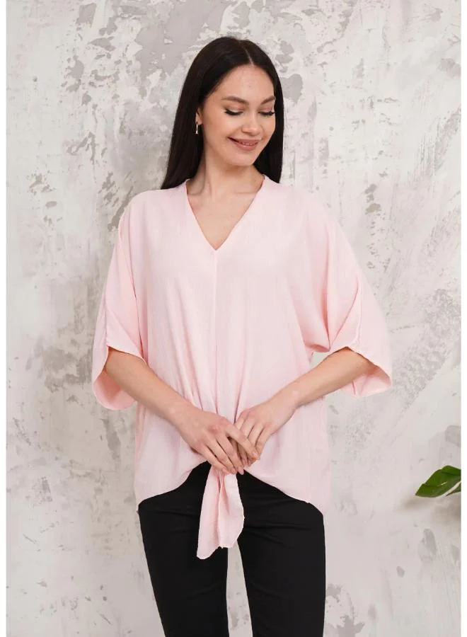 Hoxton Gal Oversized V‑Neck Tie‑Front, 3/4 Sleeves Blouse in Pink