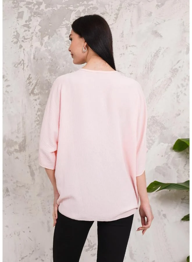 Hoxton Gal Oversized V‑Neck Tie‑Front, 3/4 Sleeves Blouse in Pink