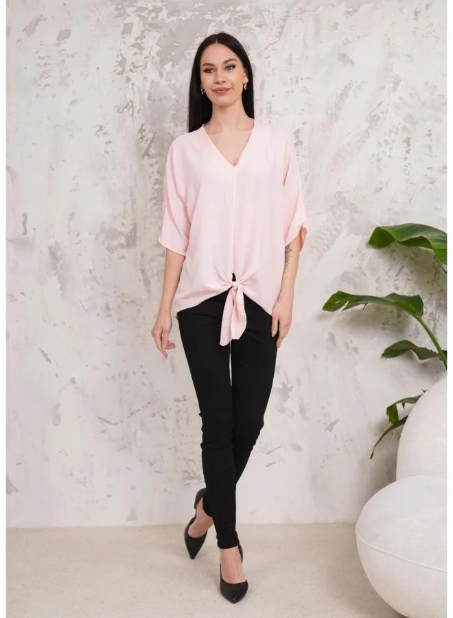 Hoxton Gal Oversized V‑Neck Tie‑Front, 3/4 Sleeves Blouse in Pink