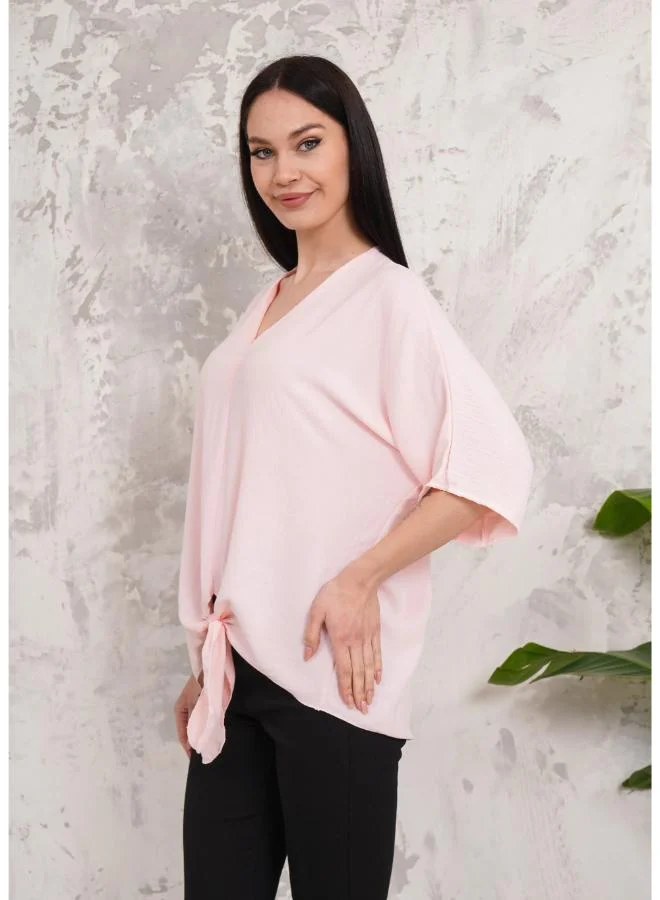 Hoxton Gal Oversized V‑Neck Tie‑Front, 3/4 Sleeves Blouse in Pink