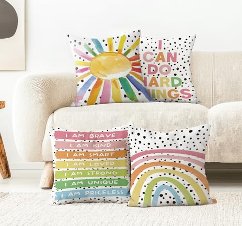 ISANOU Boho Classroom Decorative Pillow Covers,Inspirational Colourful Sun Rainbow Throw Pillow Covers Decor for Nursery Playroom Living Room Kids Bedroom,18x18 Inch Pillowcase Set of 4 - Image 3