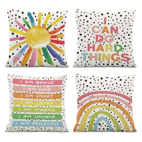 ISANOU Boho Classroom Decorative Pillow Covers,Inspirational Colourful Sun Rainbow Throw Pillow Covers Decor for Nursery Playroom Living Room Kids Bedroom,18x18 Inch Pillowcase Set of 4 - Image 1