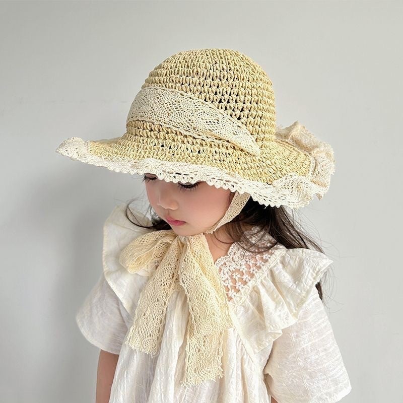 Summer Casual Straw Hat with Lace Trim - Sun Protection & Breathable Wide Brim Hat for Beach Outdoor
