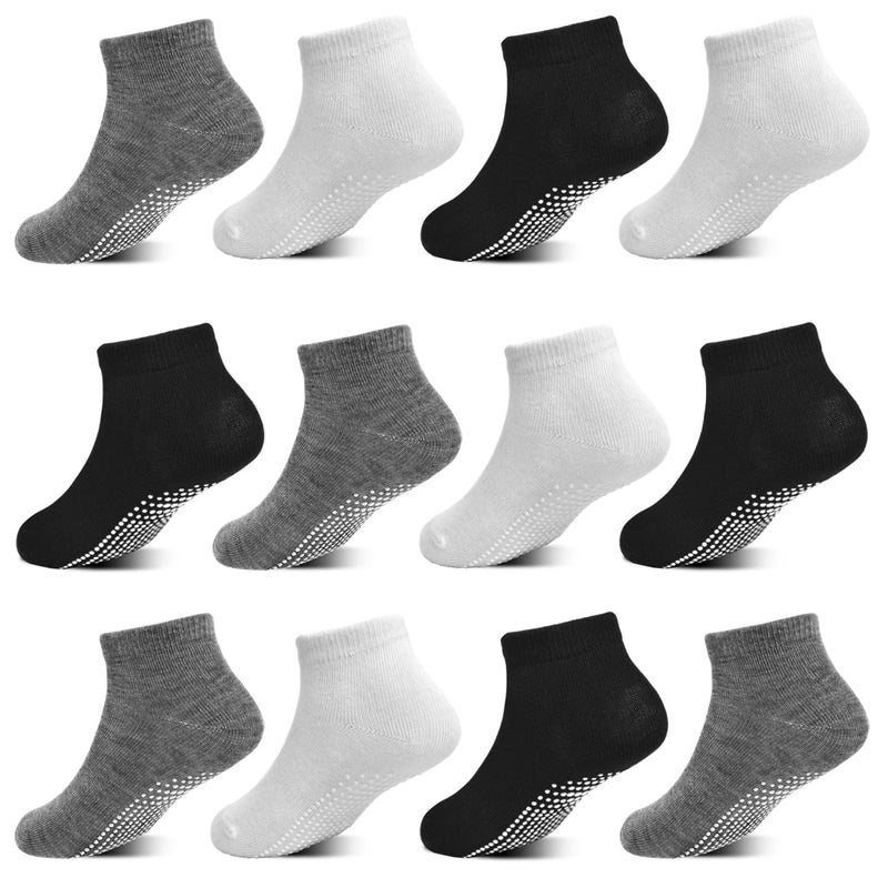 GRPSKCOS Non Slip Toddler Socks 12 Pairs Low Cut Grip Sock Todller Ankle Socks with Grip for Boys Girls(01 Black+white+grey, 1-3T) - Image 1