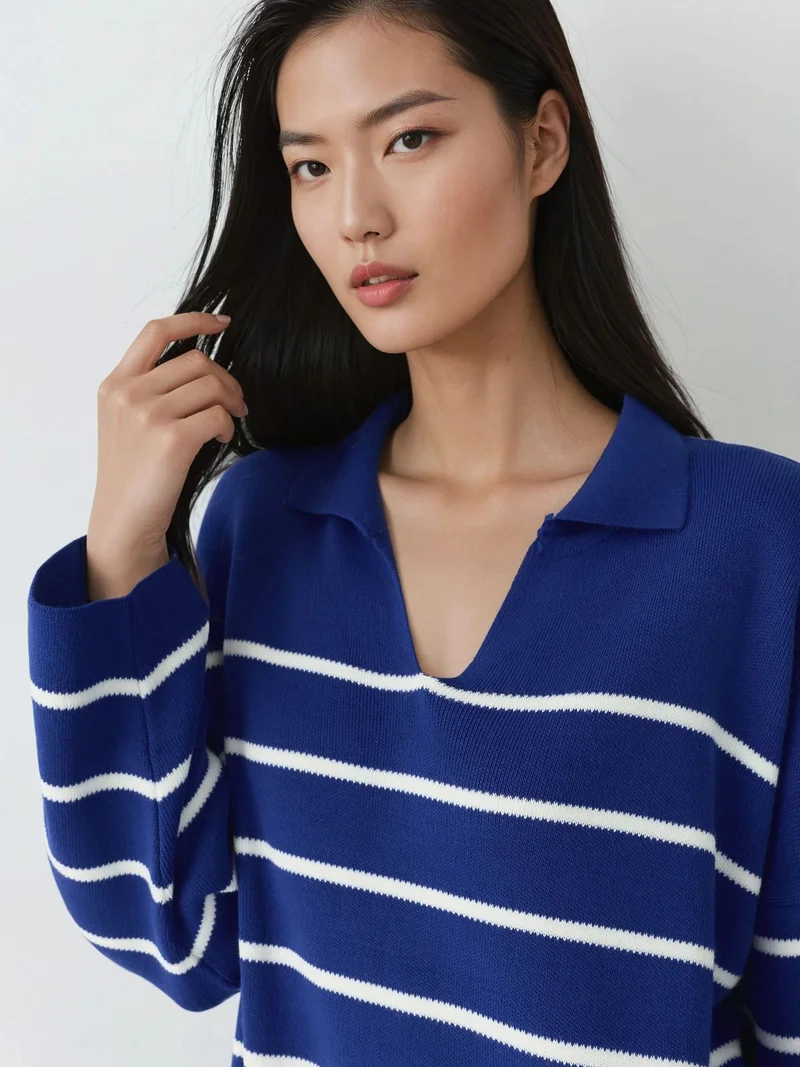 My Fashion Cobalt Blue MY FASHION Striped V-Neck Loose Fit Midi Knit Dress with Slit for Women | Best Price UAE