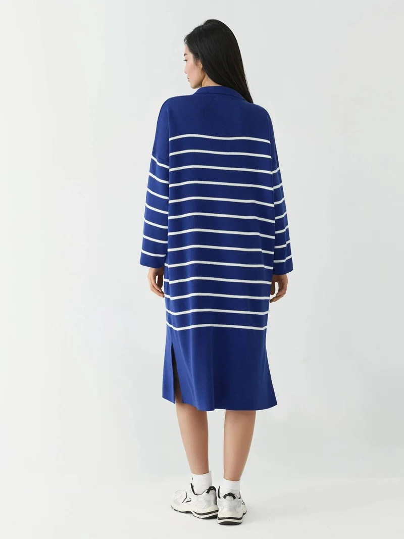 My Fashion Cobalt Blue MY FASHION Striped V-Neck Loose Fit Midi Knit Dress with Slit for Women | Best Price UAE