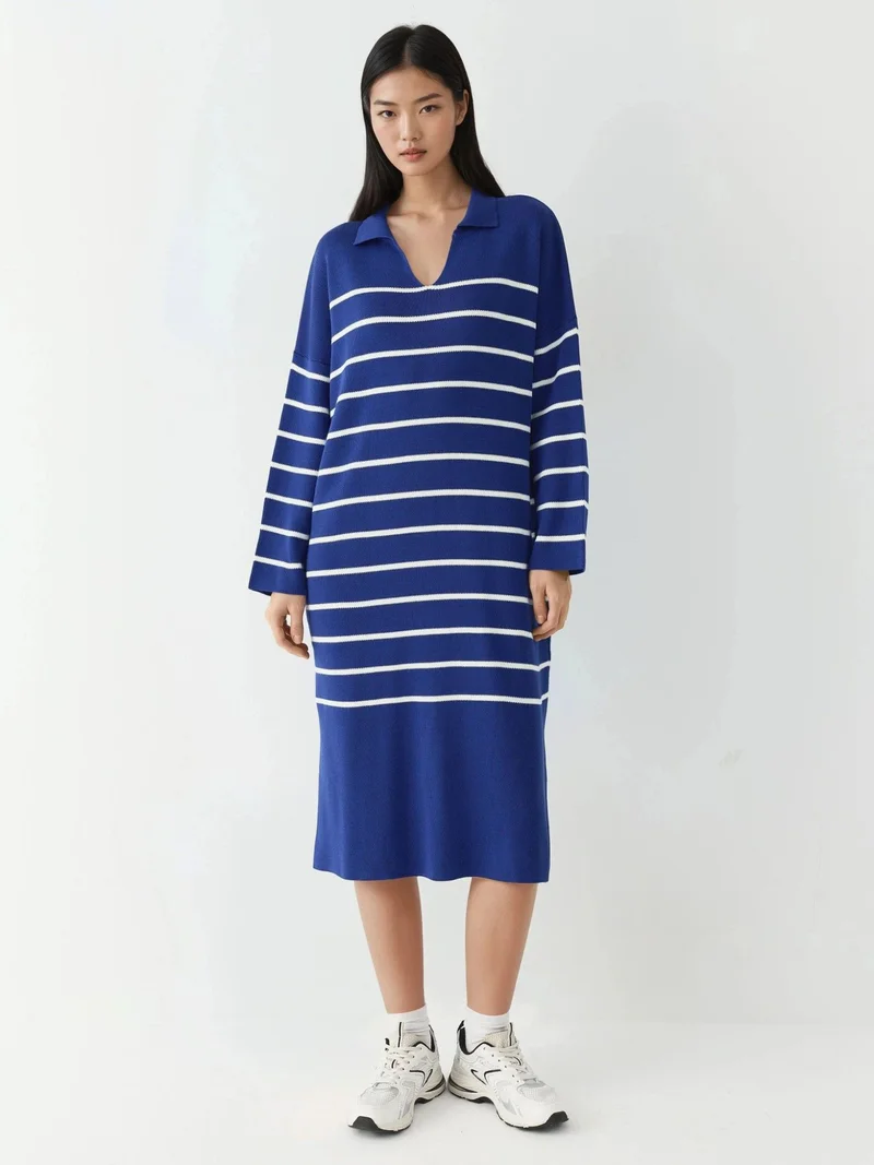 My Fashion Cobalt Blue MY FASHION Striped V-Neck Loose Fit Midi Knit Dress with Slit for Women | Best Price UAE