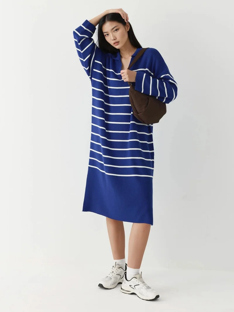 My Fashion Cobalt Blue MY FASHION Striped V-Neck Loose Fit Midi Knit Dress with Slit for Women | Best Price UAE