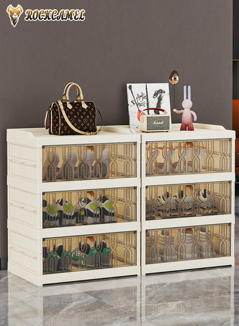 ROCKCAMEL Folding Shoe Storage Box, 3 Layer Clear Plastic Shoe Box, Shoe Storage Cabinet with Magnetic Doors, Shoe Organizer, Multi-Functional Shoe Container, Toy/ Snack Storage Box (white, 45x34x59 cm) - Image 2