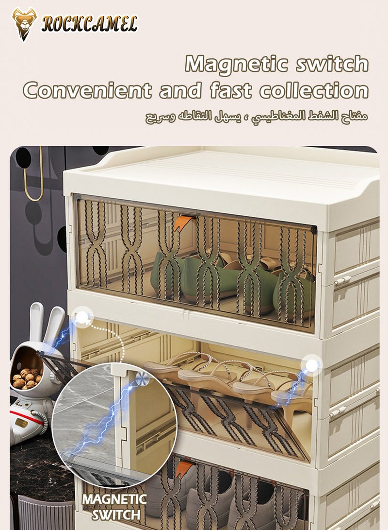 ROCKCAMEL Folding Shoe Storage Box, 3 Layer Clear Plastic Shoe Box, Shoe Storage Cabinet with Magnetic Doors, Shoe Organizer, Multi-Functional Shoe Container, Toy/ Snack Storage Box (white, 45x34x59 cm) - Image 3