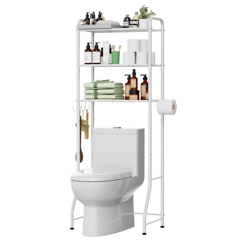Simple Trending Over The Toilet Storage Rack Metal 3 Tier Bathroom Organizer Shelf with Paper Holder and 3 Hooks White