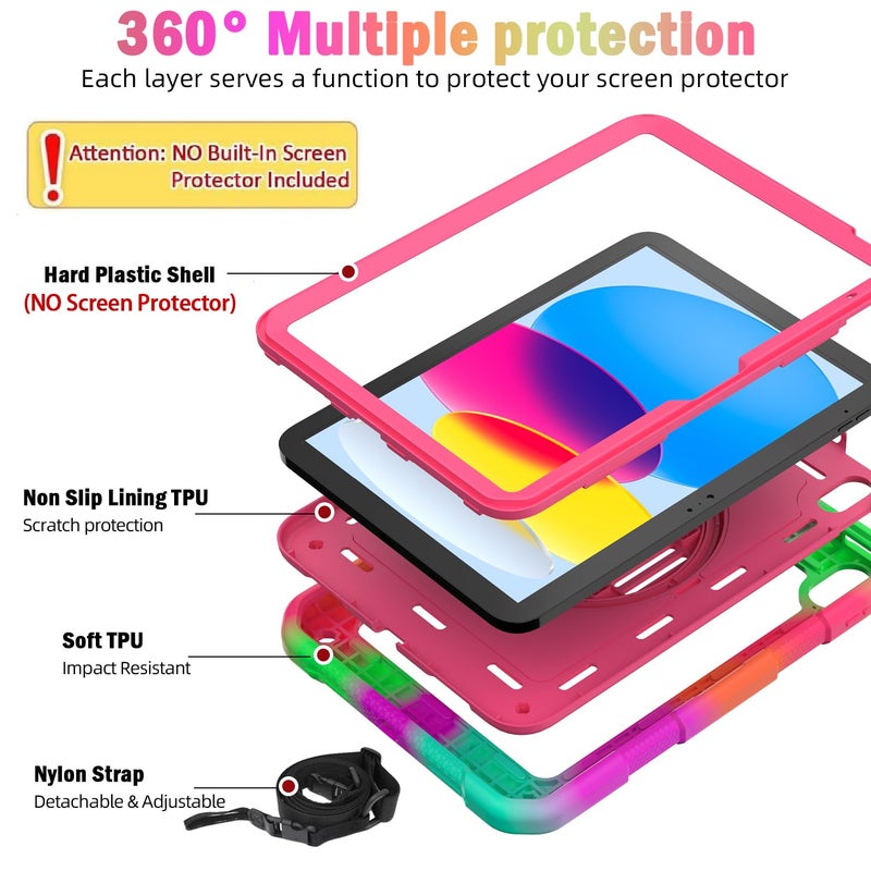 BMOUO Case for iPad (A16) 11th/10th Generation 10.9 inch 2025/2022, 360 Rotating Stand & Pencil Holder & Hand & Shoulder Strap Shockproof iPad 11th/10th Generation Case (11th/10th Gen), Rose - Image 3