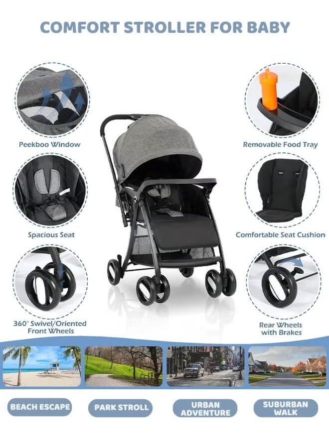 Riolio Two-Way Baby Stroller | Excellent Shock Absorber | Front and Parent Facing | Large Canopy and Seat | 5-Point Harness | Cup Holder | Large Basket | Quick Folding | 0-36 Months |Grey - Image 2
