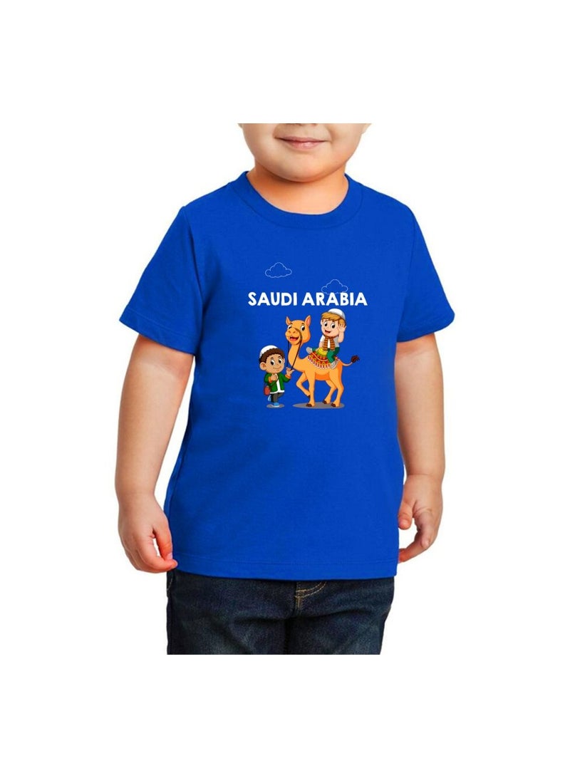 Saudi Arabia-Themed Boys Souvenir T-Shirt for Kids - Short Sleeve Round Neck Cotton Tshirt - Saudi Design with Camel - Ideal for School, Playtime - Image 1