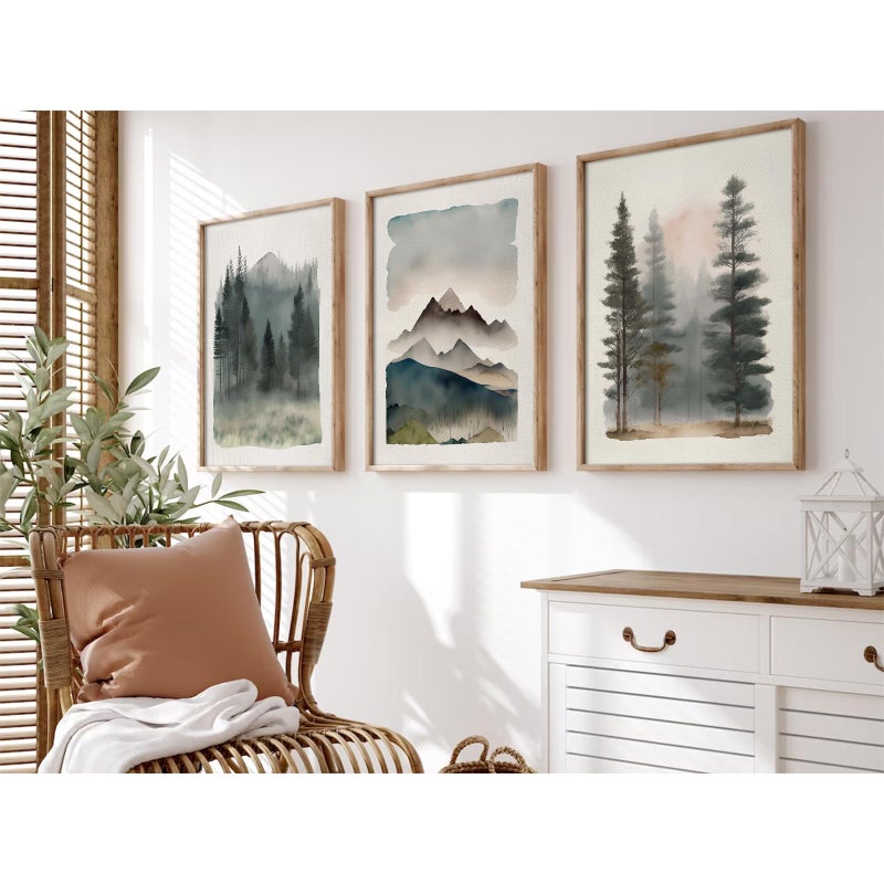 Youillne Mountain Forest Wall Art Decor Watercolor Landscape Canvas Pictures Natural Abstract Wall Art Painting Tree Forest Poster Prints Modern Artwork for Living Room Bedroom 12x16 Inch Unframed Set of 3 - Image 1