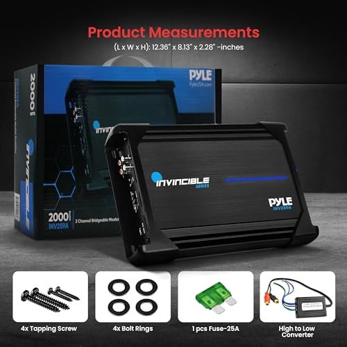 Pyle مضخم صوت بايل فئة AB موسفيت - سلسلة إنفنسابل 12 بوصة مضخمات متعددة القنوات للسيارات، 2 قناة 2000 واط كحد أقصى، دائرة حماية متقدمة، قيادة عالية التيار، تصميم مدمج وخفيف الوزن، مزود طاقة PWM - Image 2