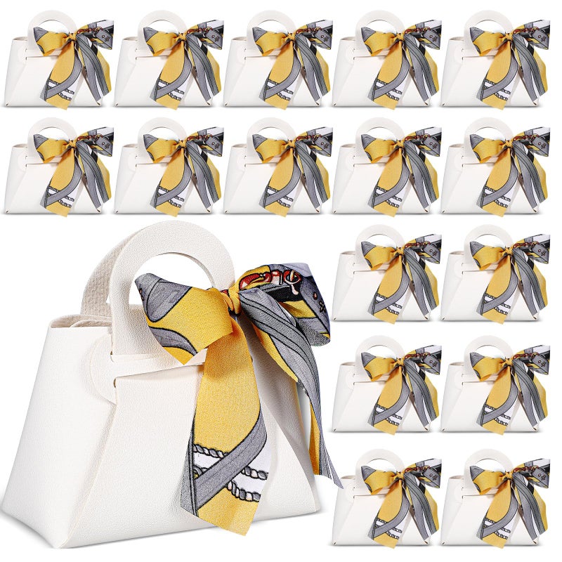Abbylike 18 Pcs PU Leather Purse Gift Bags with Handles Ribbon Wedding Purse Party Favor Bags Valentines Candy Boxes for Baby Showers Birthday Wedding (White) - Image 1