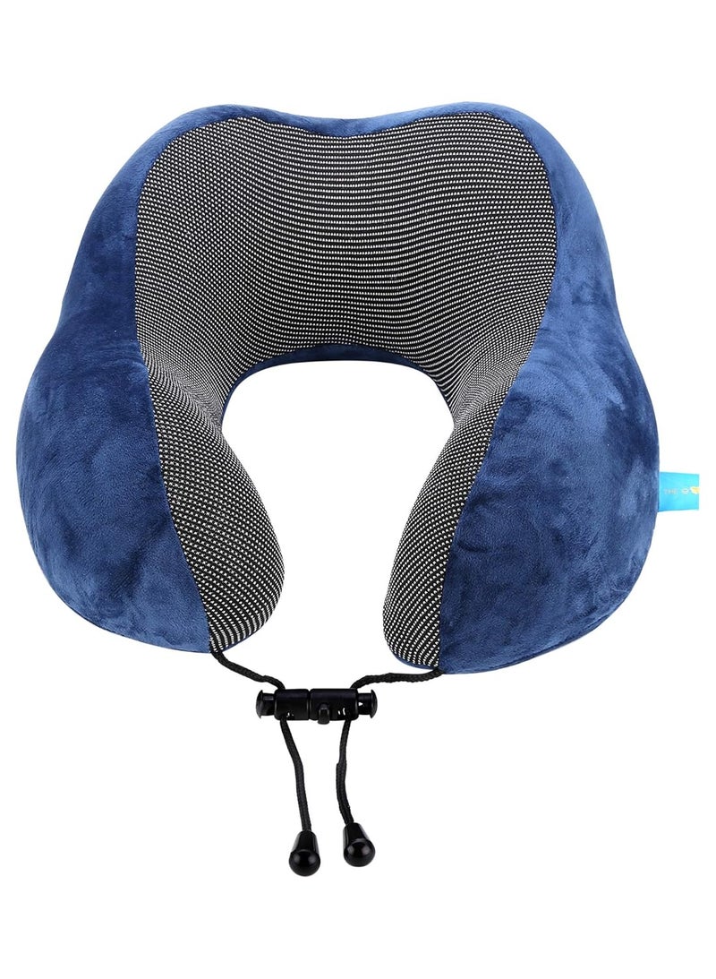 THE QUIRK BOX Travel Pillow 100% Pure Memory Foam Neck Pillow, Comfortable & Breathable Cover - Machine Washable, Airplane Travel Kit with 3D Sleep Mask, Earplugs, and Luxury Bag, Navy Blue - Image 1