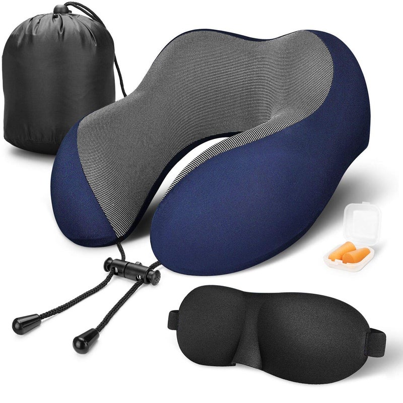 THE QUIRK BOX Travel Pillow 100% Pure Memory Foam Neck Pillow, Comfortable & Breathable Cover - Machine Washable, Airplane Travel Kit with 3D Sleep Mask, Earplugs, and Luxury Bag, Navy Blue - Image 2