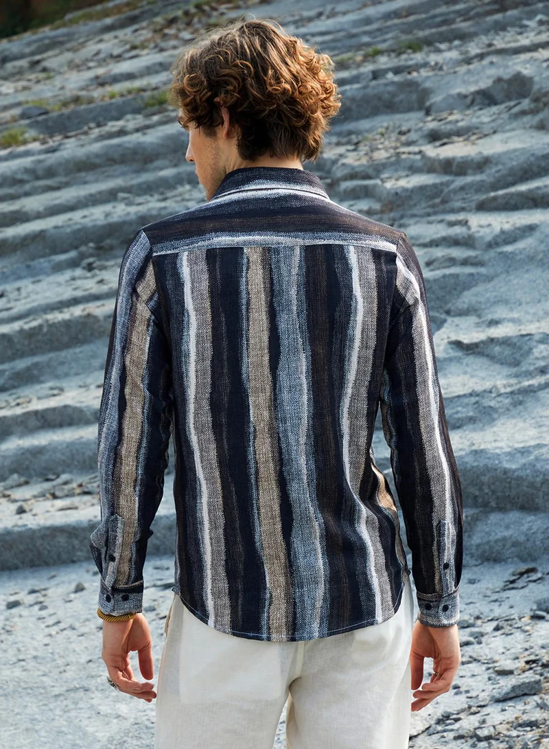 كامبوس سوترا Men's Prussian Blue & Ash Brown Brushed-Stripe Shirt