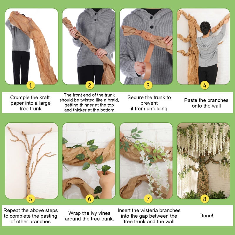 XunYee 3D Wisteria Tree for Classroom Room Wall Decor Bulletin Board Decorations DIY Cardboard Paper Tree Artificial Hanging Flower Garland with Fake Green Vine Kraft Paper Tape(White) - Image 5