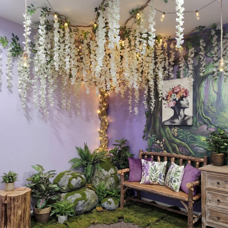 XunYee 3D Wisteria Tree for Classroom Room Wall Decor Bulletin Board Decorations DIY Cardboard Paper Tree Artificial Hanging Flower Garland with Fake Green Vine Kraft Paper Tape(White) - Image 4