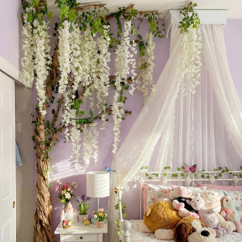 XunYee 3D Wisteria Tree for Classroom Room Wall Decor Bulletin Board Decorations DIY Cardboard Paper Tree Artificial Hanging Flower Garland with Fake Green Vine Kraft Paper Tape(White) - Image 2