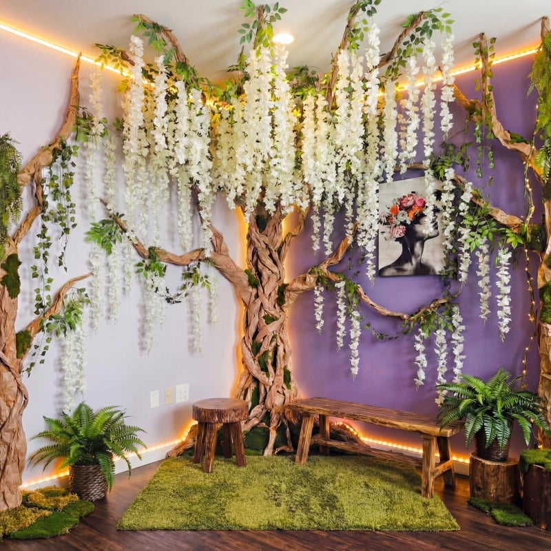 XunYee 3D Wisteria Tree for Classroom Room Wall Decor Bulletin Board Decorations DIY Cardboard Paper Tree Artificial Hanging Flower Garland with Fake Green Vine Kraft Paper Tape(White) - Image 1