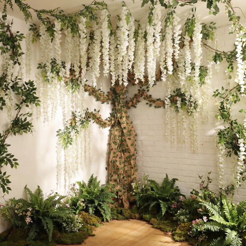XunYee 3D Wisteria Tree for Classroom Room Wall Decor Bulletin Board Decorations DIY Cardboard Paper Tree Artificial Hanging Flower Garland with Fake Green Vine Kraft Paper Tape(White) - Image 3