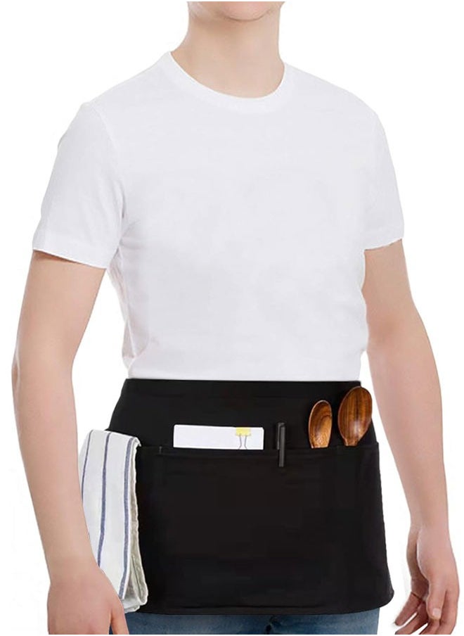 HAWAWA - 2 Pack Waitress Apron with 3 Pockets Water resistant, Server Aprons with Long Straps, Waiter Short Half Waist Servers Apron 30cm Black - Image 1