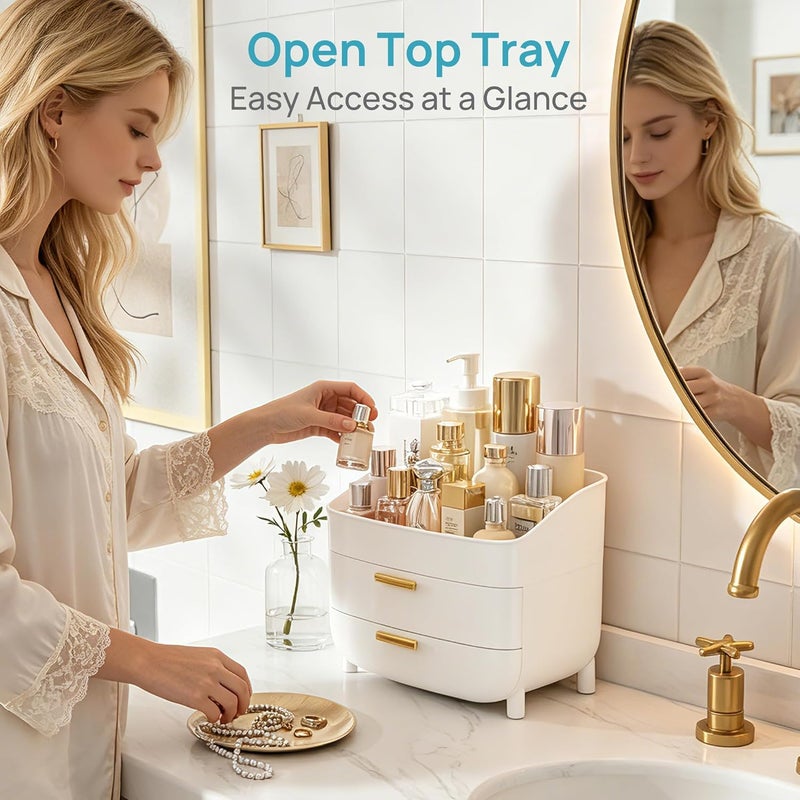 Vtopmart 3-Tier Skincare Makeup Organizer with Drawers for Vanity and Bathroom Countertop, Large Cosmetic Storage Box Case for Dresser, with Non-Slip Base - Image 3