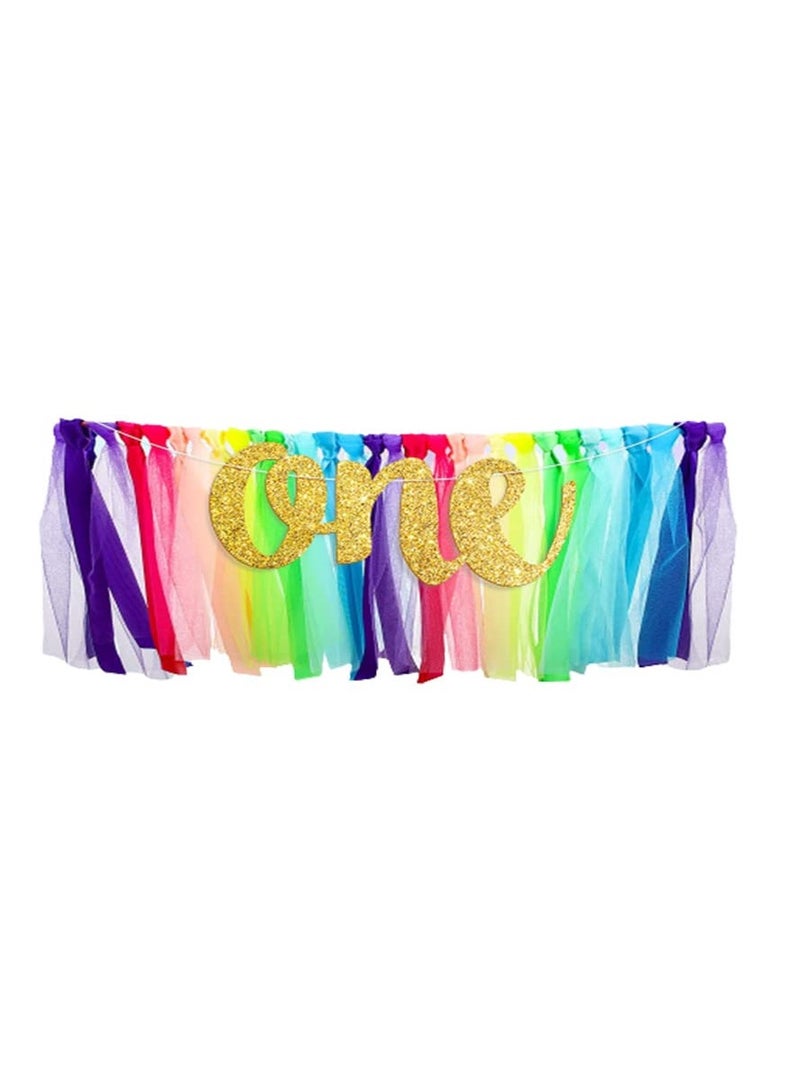 Rainbow High Chair Decoration Set for 1st Birthday, Includes Tutu Skirt, Happy Birthday Pennant Banner, Crown Hat, and Cake Topper - Perfect for Rainbow-Themed Celebrations!  - Image 4