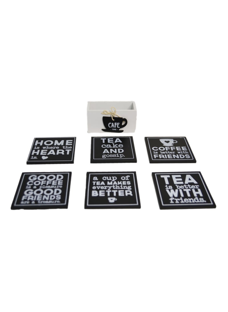 6-Piece Wooden Coaster Set with Holder - 10x10 cm, Stylish Drink Coasters with Inspirational Quotes, Durable & Non-Slip Design for Home & Office  - Image 1