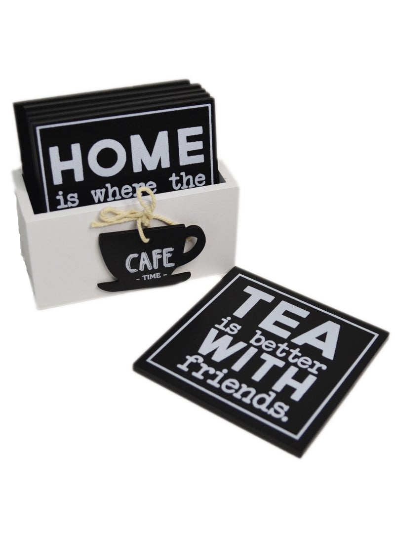6-Piece Wooden Coaster Set with Holder - 10x10 cm, Stylish Drink Coasters with Inspirational Quotes, Durable & Non-Slip Design for Home & Office  - Image 2