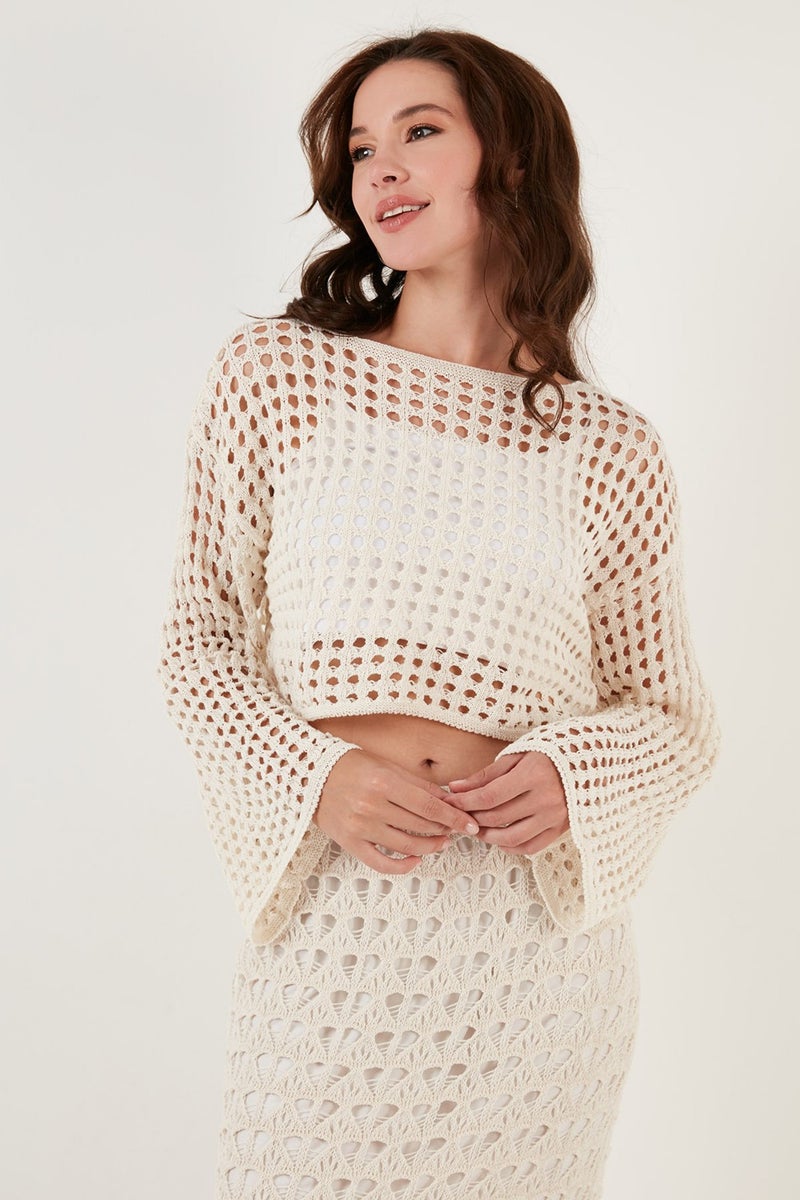 Lela Spanish Sleeve Openwork Knitted Crop Sweater Women's Sweater 6071564  - Image 2