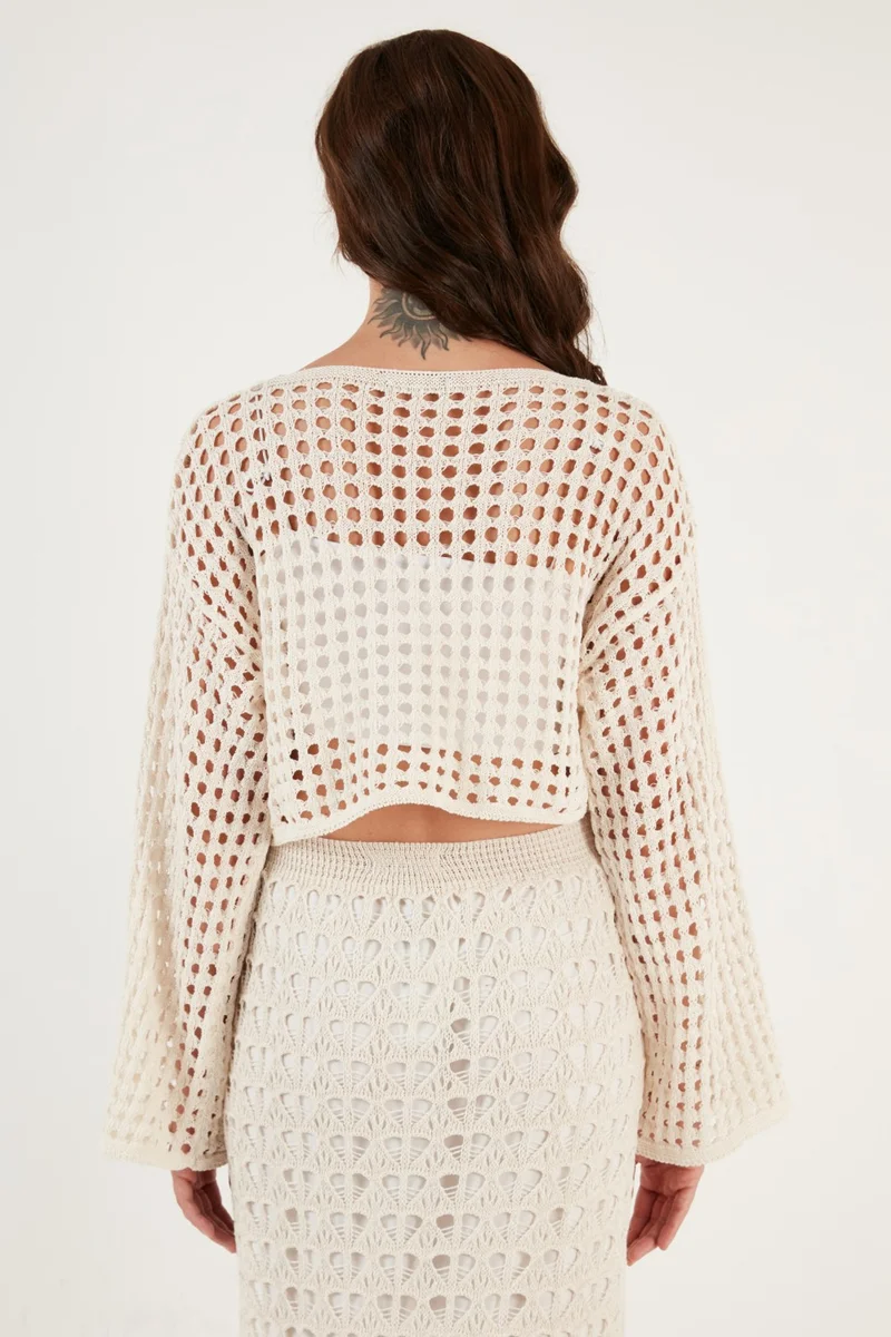 Lela Spanish Sleeve Openwork Knitted Crop Sweater Women's Sweater 6071564