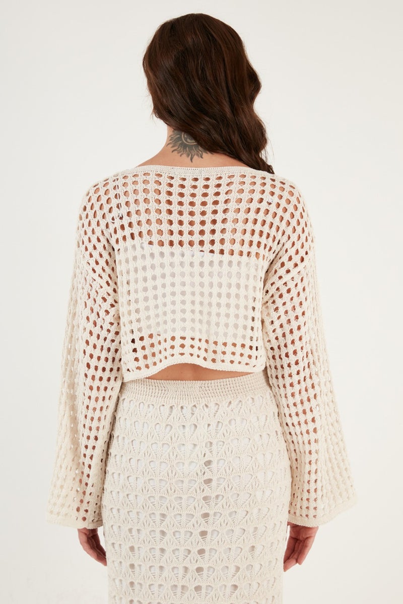 Lela Spanish Sleeve Openwork Knitted Crop Sweater Women's Sweater 6071564  - Image 5