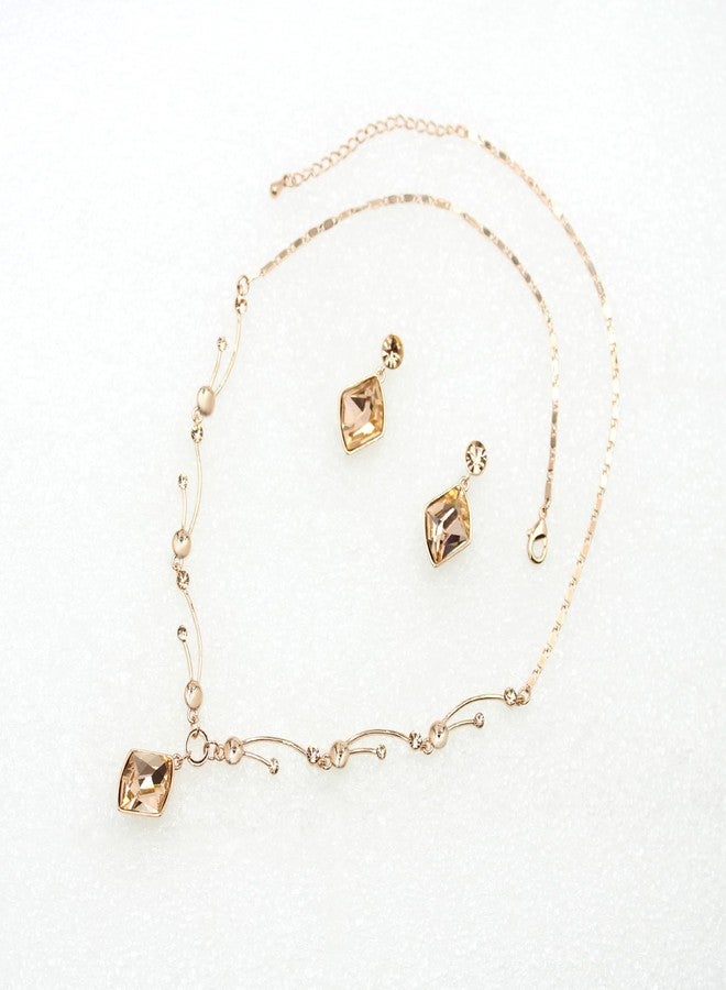 Faship Gorgeous Champagne Premium Rhinestone Crystal Floral Necklace Earrings Set - Champagne - Image 2