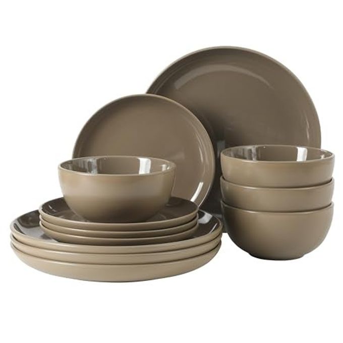 Gibson Home Rockaway 12 Piece Plates and Bowls Matte Outside/Shiny Inside Glaze Service for 4 Dinnerware Set - Brown - Dishwasher and Microwave Safe