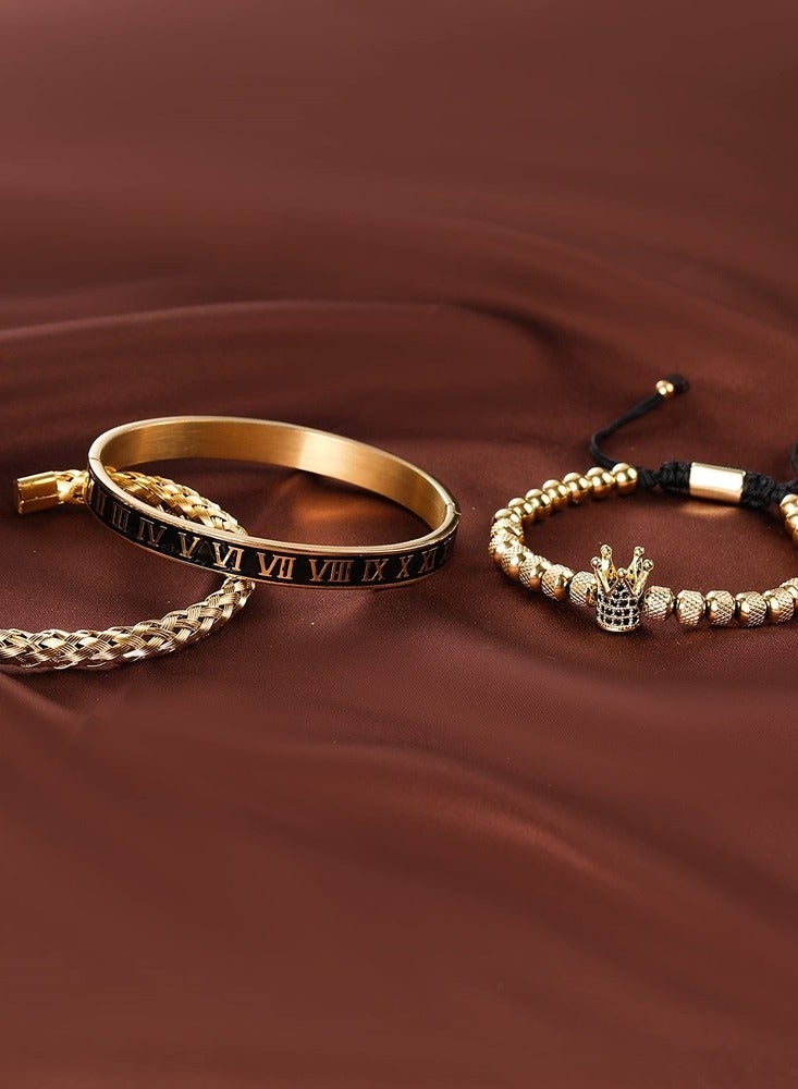 3Pcs Luxury Gold Numeral Crown Bracelet Set Stainless Steel Braided Bangle Jewelry Gifts Gold - Image 5