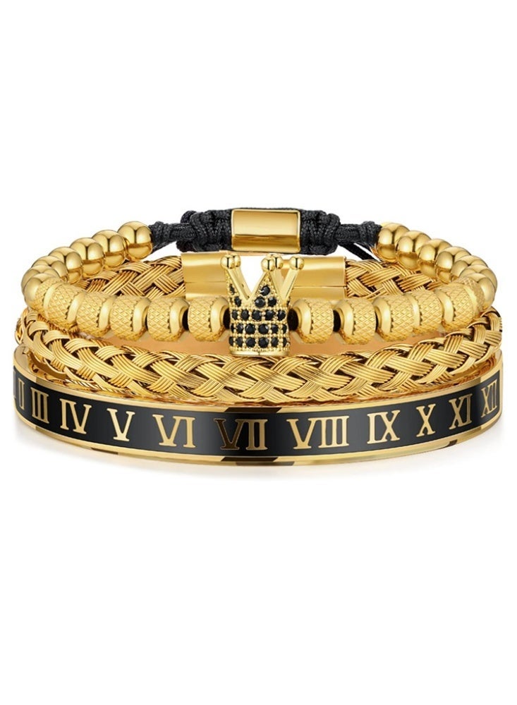 3Pcs Luxury Gold Numeral Crown Bracelet Set Stainless Steel Braided Bangle Jewelry Gifts Gold - Image 2