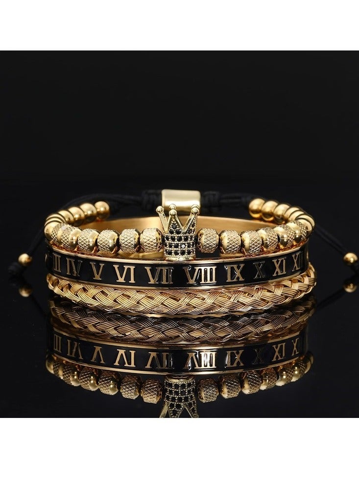 3Pcs Luxury Gold Numeral Crown Bracelet Set Stainless Steel Braided Bangle Jewelry Gifts Gold - Image 4