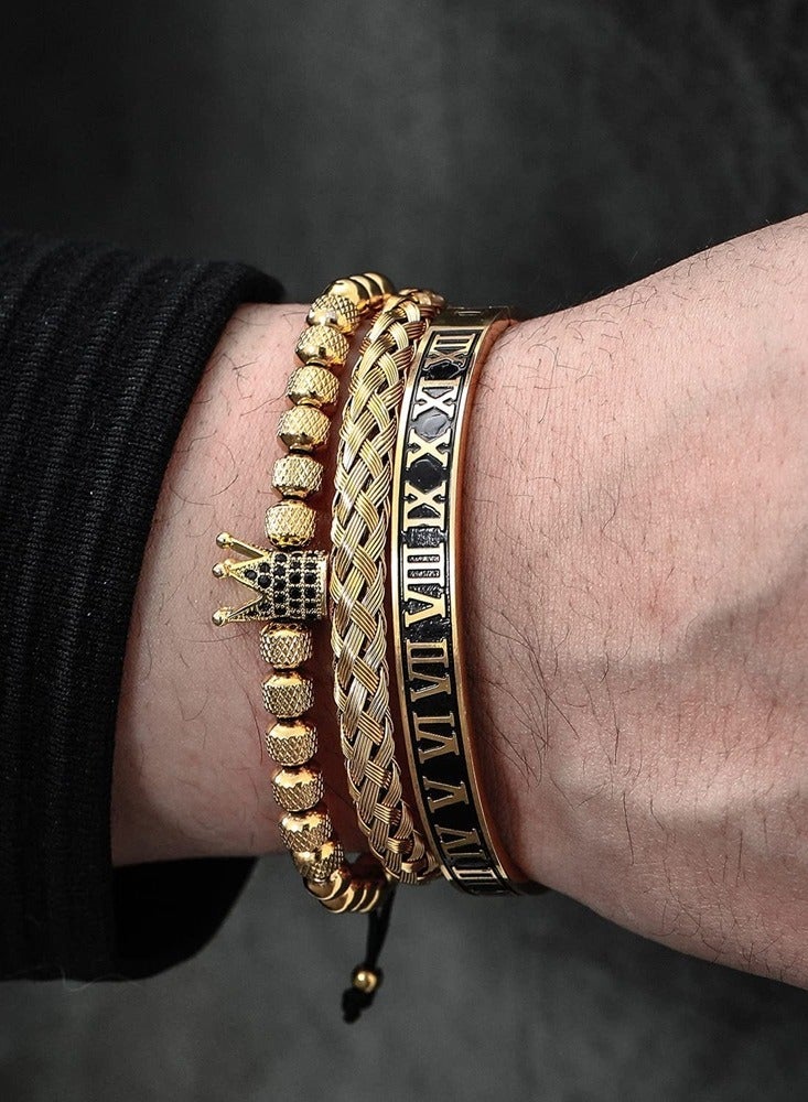 3Pcs Luxury Gold Numeral Crown Bracelet Set Stainless Steel Braided Bangle Jewelry Gifts Gold - Image 1
