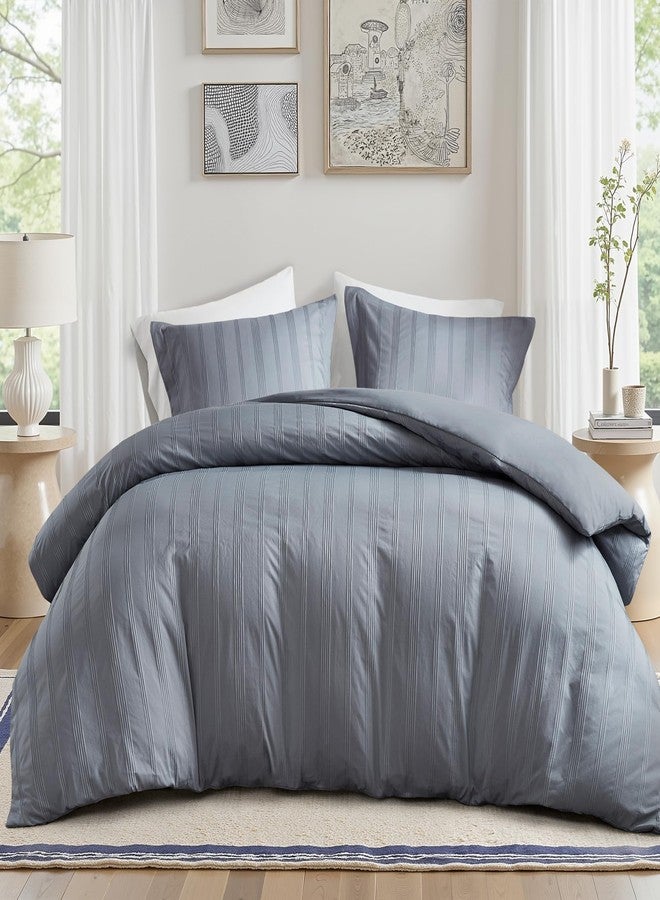 Madison Park Essentials King Duvet Cover Set Modern Minimalist Duvet Set with Premium Grey Woven Polyester Stripe Front & Ultra-Soft Brushed Microfiber Reverse, 4 Corner Ties, King - Image 1