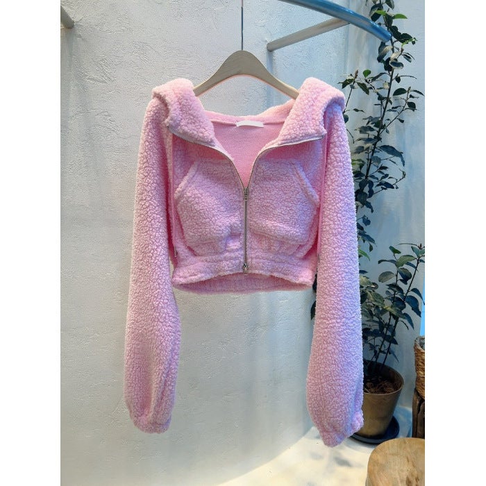 South Korea Dongdaemun 2023 autumn and winter womens clothing new solid color short zipper hooded age-reducing lambswool wool coat for women White - Image 4