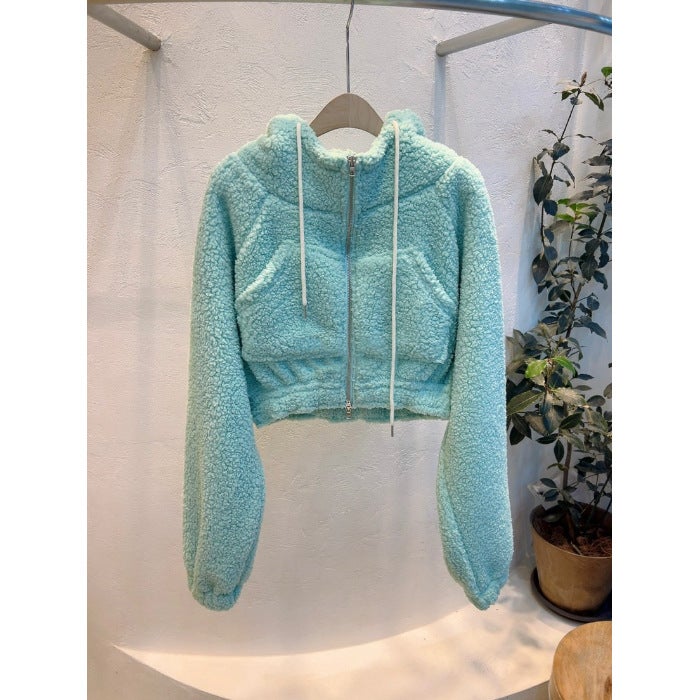 South Korea Dongdaemun 2023 autumn and winter womens clothing new solid color short zipper hooded age-reducing lambswool wool coat for women White - Image 2