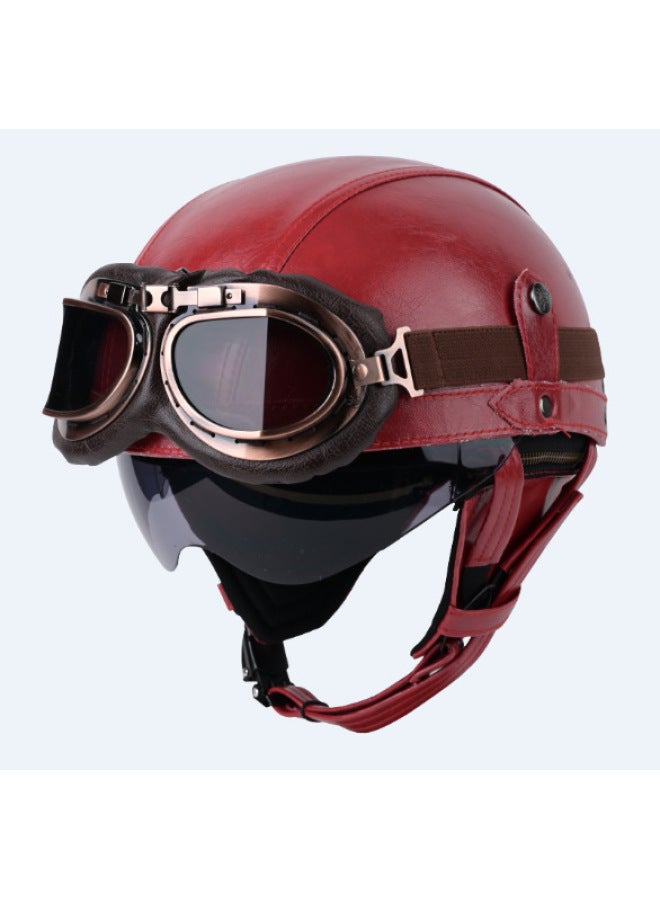 Red Copper Frame Tea Mirror Four-season Retro Personalized Handmade Helmet Half Helmet Scooter Cruise Leather Helmet Prince King Battery Car