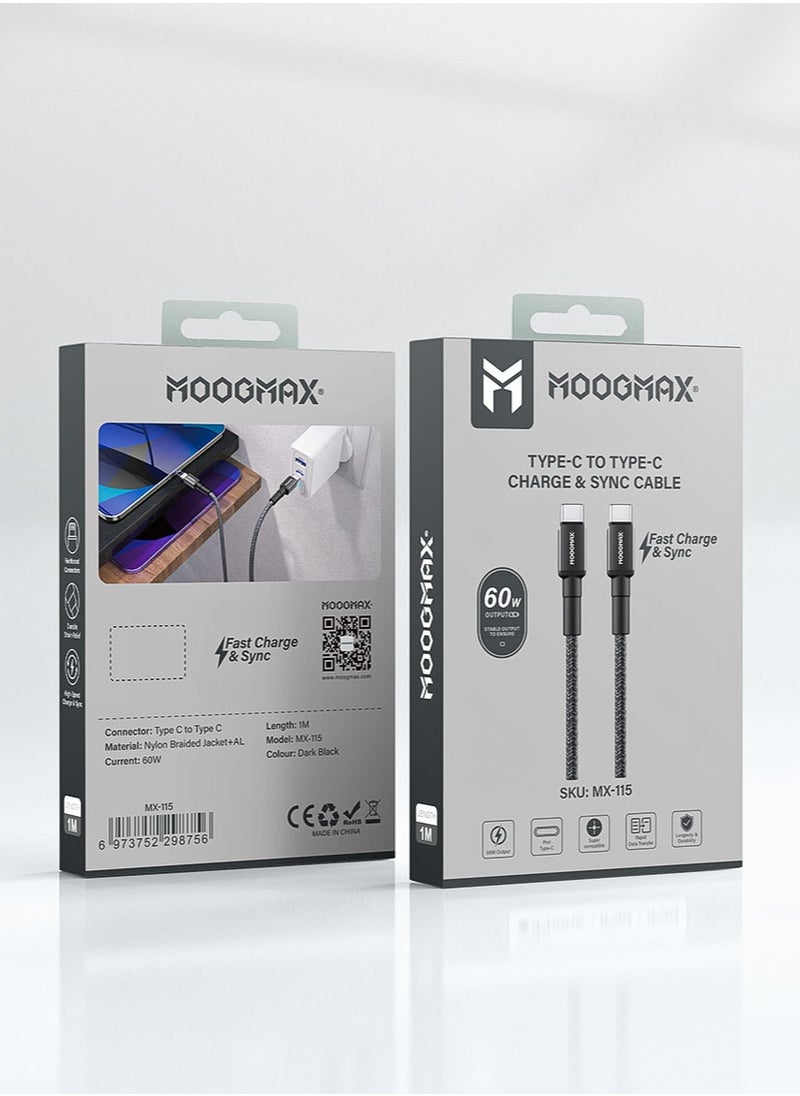 MOOGMAX - 60W type c cable fast charger, 1 meter long. Type-C charging cable is made of cut-resistant, durable fabric. The type c cable supports all iPhones that support the Type-C port, Samsung devices, and other phones. The original cable type c is made of the finest copper for high conductivity and safety. data cable type c. Moogmax black charger cable. - Image 1